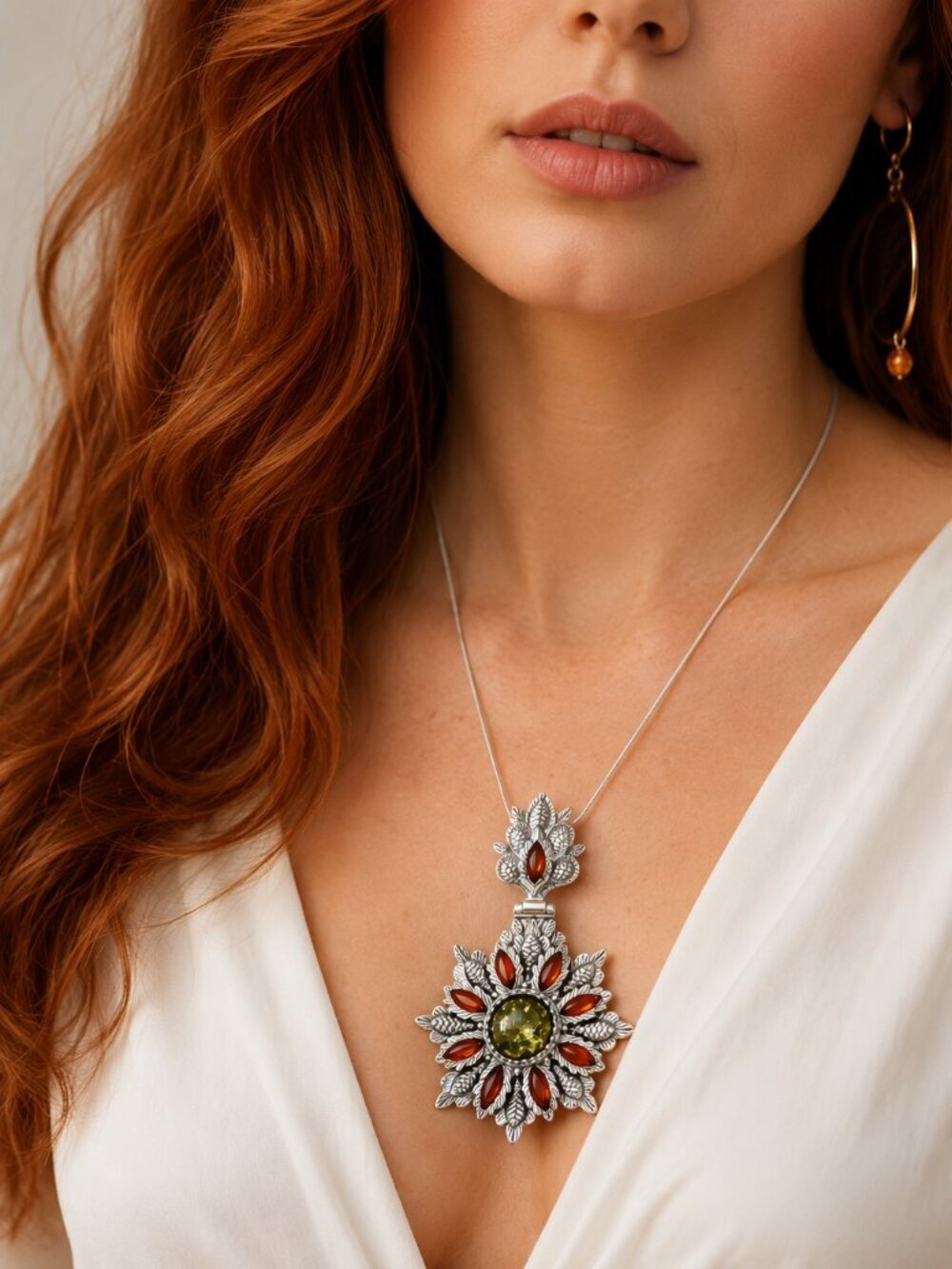 Baltic Green Amber Floral Pendant in Sterling Silver